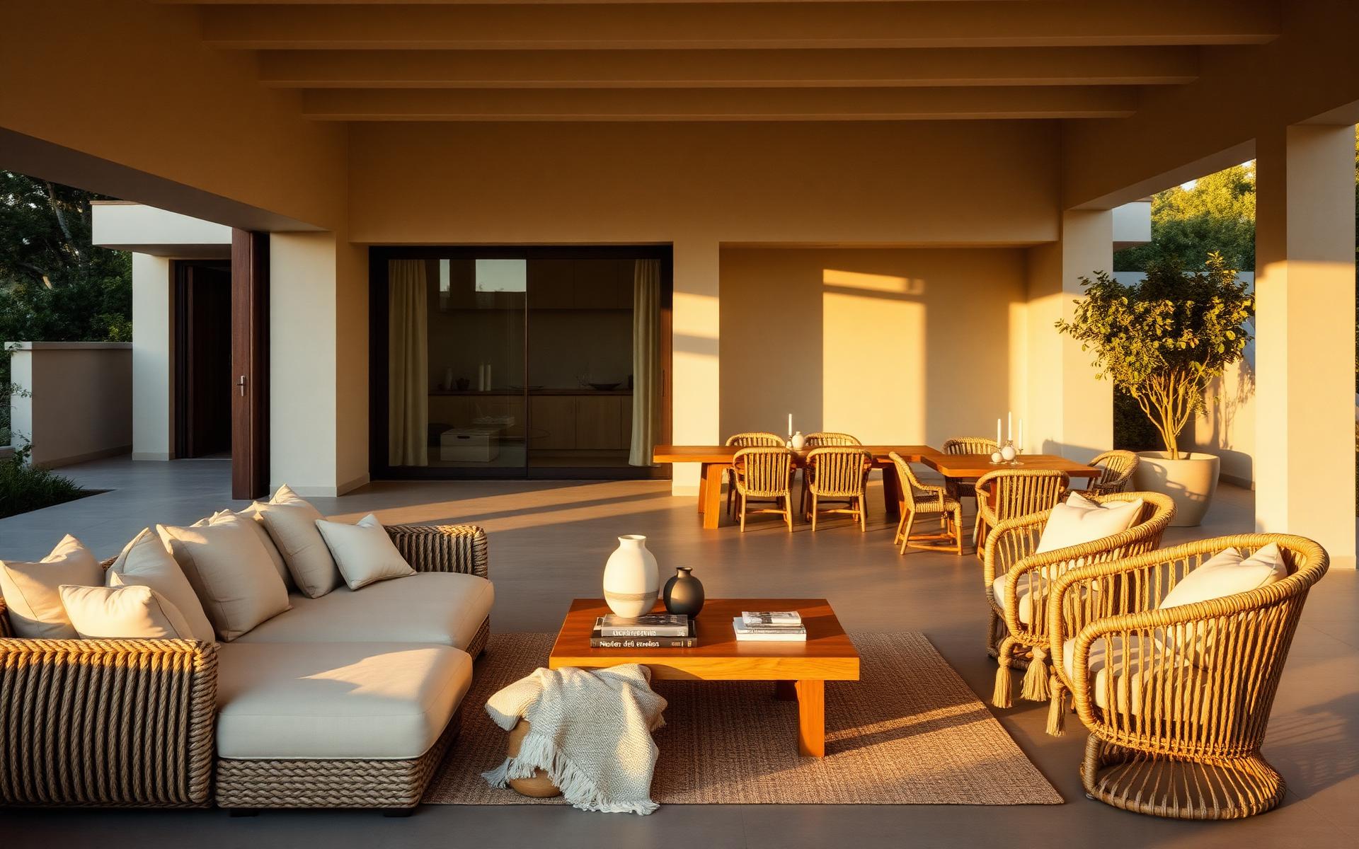 Ambiente externo mobiliado com sofá em corda náutica, poltronas e mesa gourmet New Garden Móveis